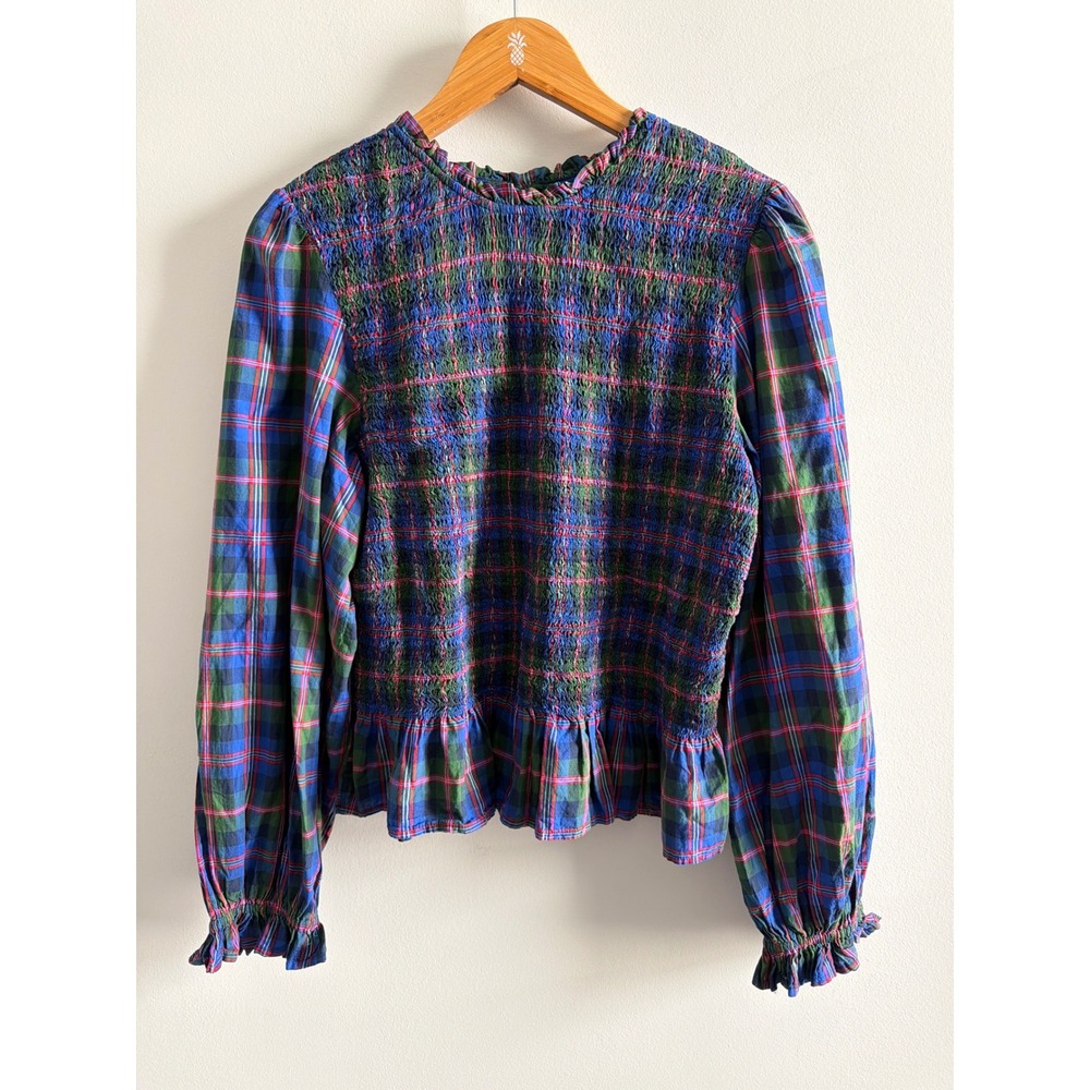 Old Navy Plaid Smocked Top Blue Green Cotton Cottagecore Peplum Blouse Large